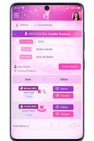 Tela do app do sistema para studio de dança — agenda e turmas